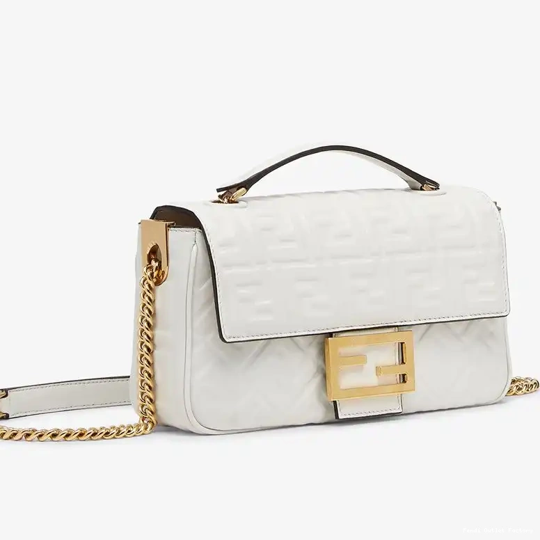 HOT Baguette Midi Motif Bag In Leather FF Nappa Chain White Fendi 0502